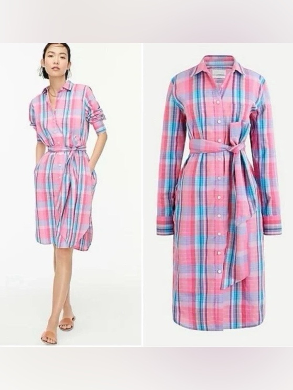 J.Crew Classic fit Cotton Poplin Plaid Shirtdress Preppy Pink AW560 Size 2